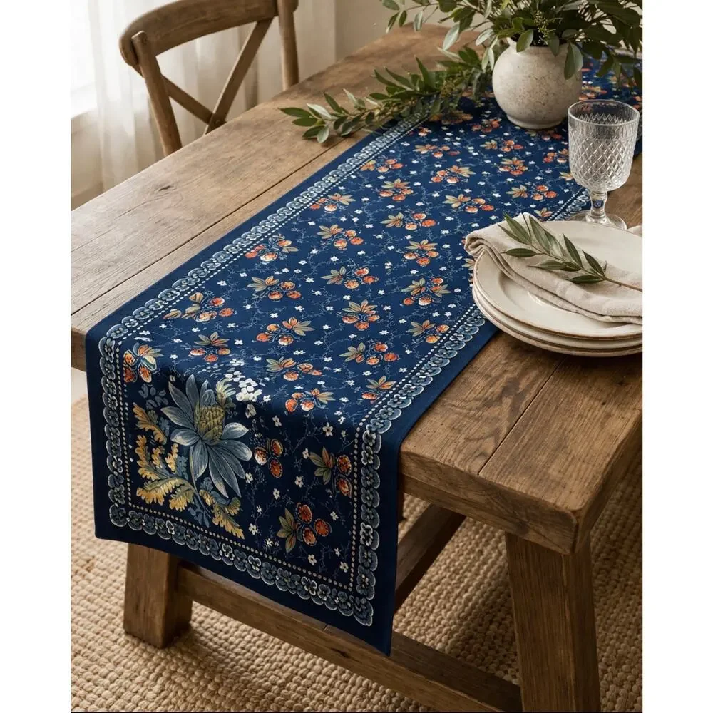 Williams Sonoma Blue Berry Meadow Table Runner Floral Cotton 108”
